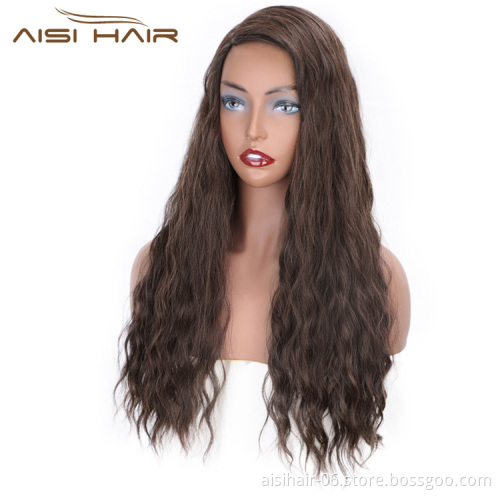 Aisi Hair Brown Color Lace Part Heat Resistant Synthetic Hair Wigs with Bangs Long Wavy Side Part Wigs for Black Women